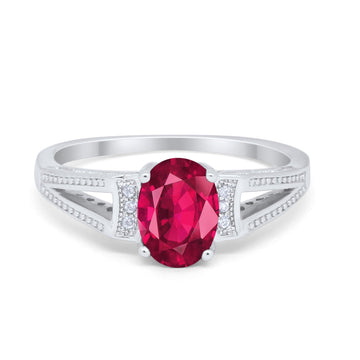 Solitaire Accent Split Shank Wedding Ring Oval Simulated Ruby CZ 925 Sterling Silver